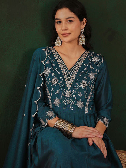 Dhiyona SN Women's Teal Floral Embroidered V-Neck Tread Work Anarkali Kurta & Trouser With Dupatta