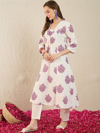 Dhiyona IE Printed V-Neck Three-Quarter Sleeves Pure Cotton Tunic And Trousers