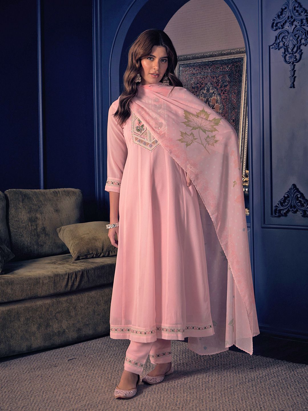 Dhiyona CH Women Embroidered Kurta Set with Printed Dupatta