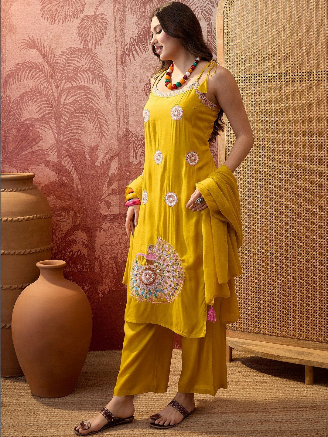 Embroidered Pure Cotton Shoulder Straps Kurta & Trousers With Dupatta