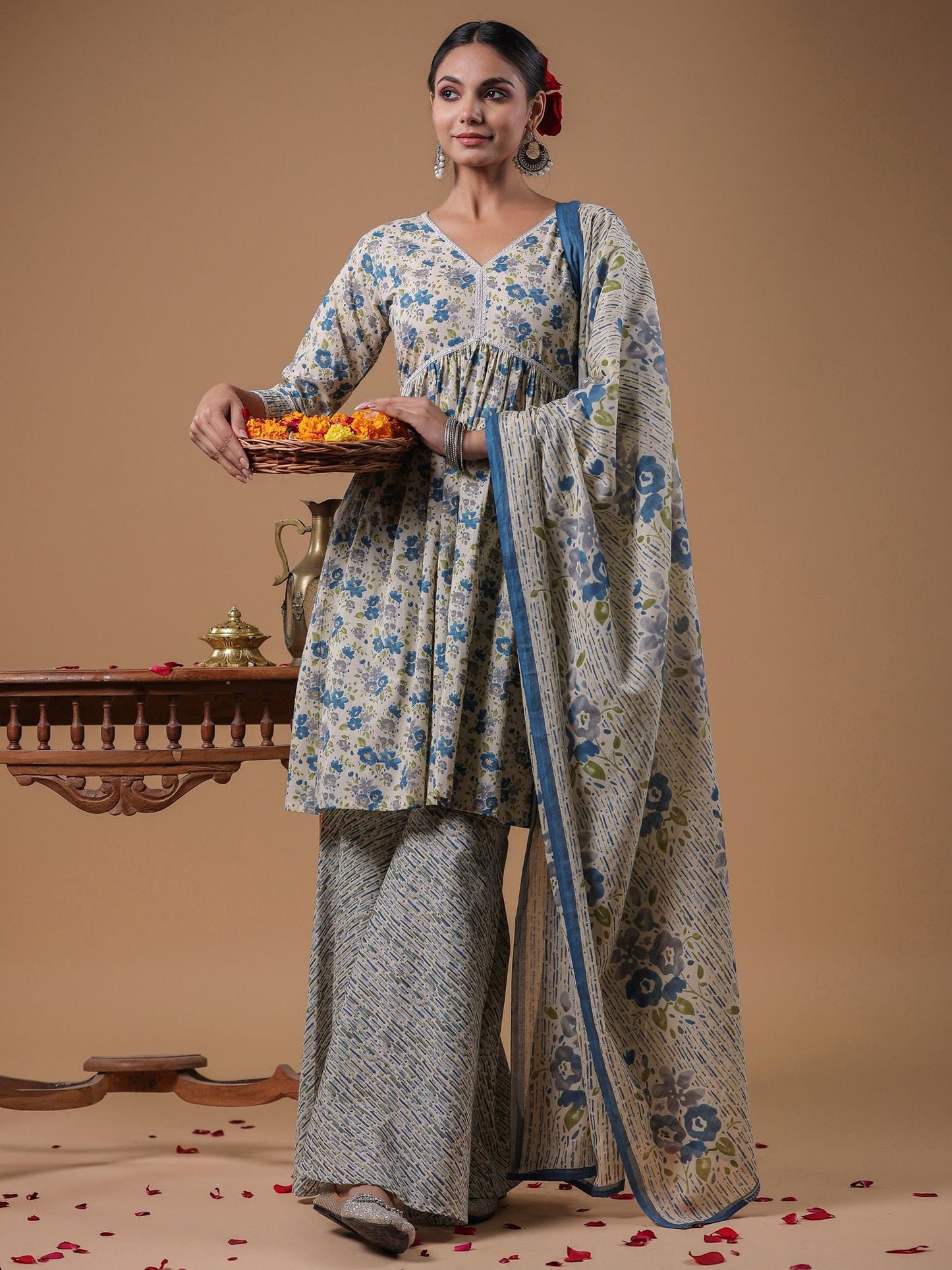 Dhiyona AN Floral Printed Empire Pure Cotton A-Line Kurta with Sharara & Dupatta