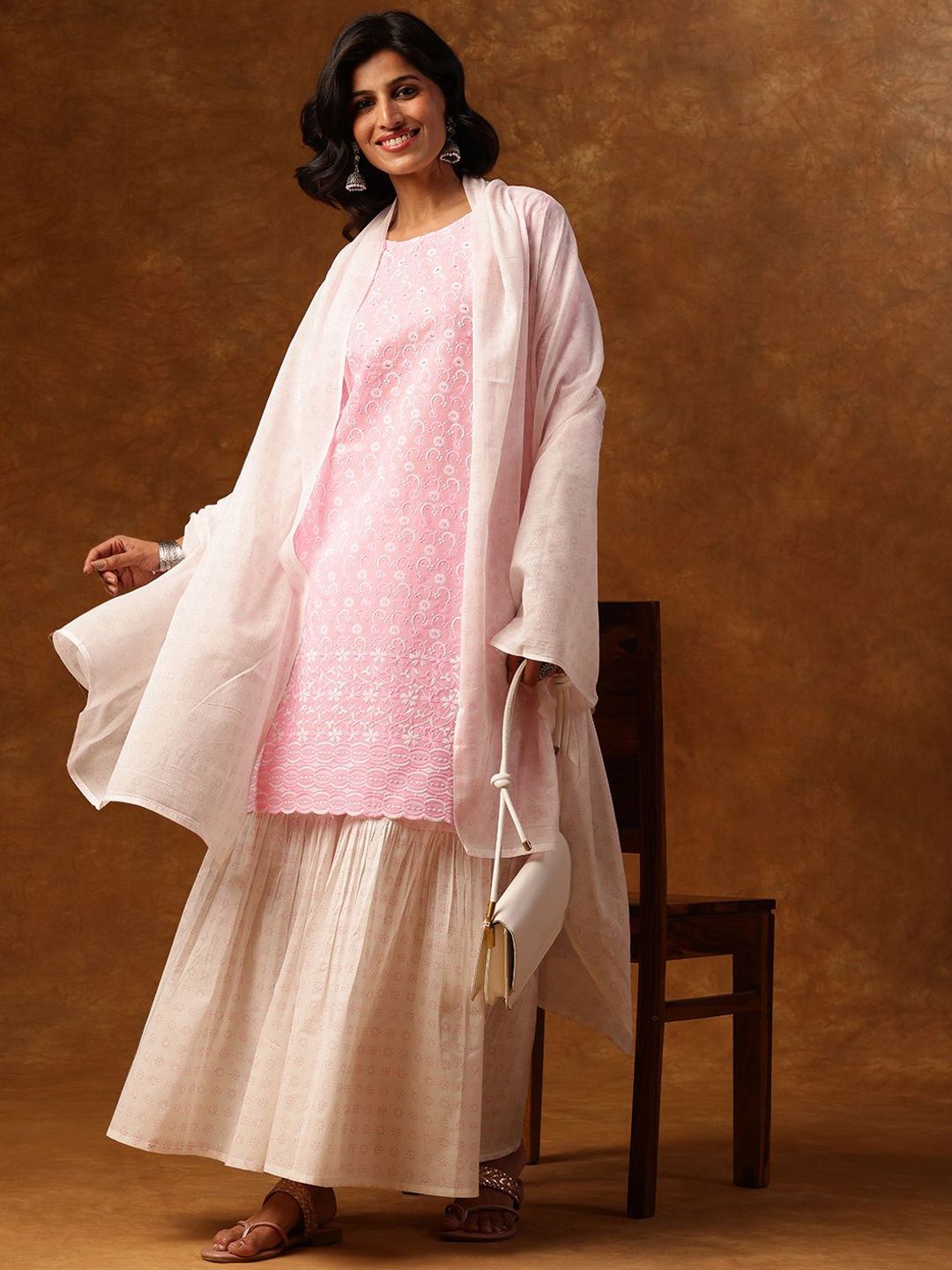 Dhiyona AN Ethnic Motifs Embroidered Round Neck Straight Kurta with Sharara & Dupatta