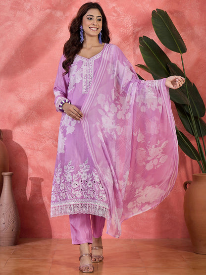 Floral Printed V-Neck Pure Silk Straight Kurta With Trousers And Dupatta