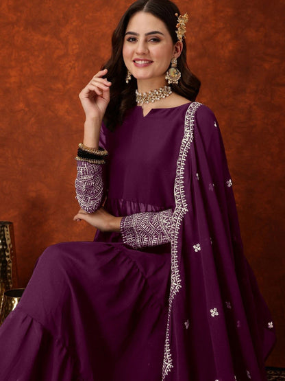 Floral Embroidered Anarkali Kurta Trousers With Dupatta