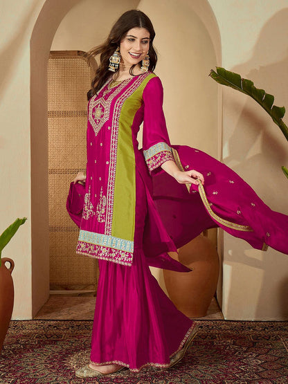 Dhiyona SN Embroidered Round Neck Kurta & Sharara with Dupatta Set