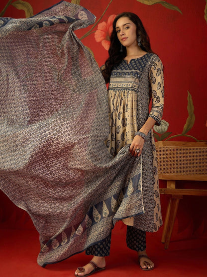 Women Paisley Printed Empire Mirror Work Pure Cotton Kurta with Trousers & With Dupatta