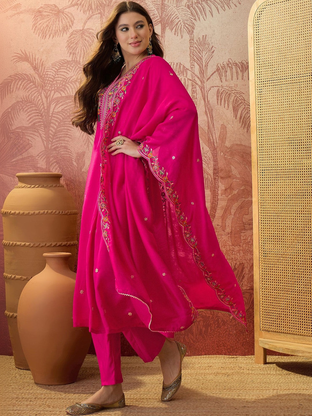Embroidered V-Neck Kurta & Trousers Kurta Set