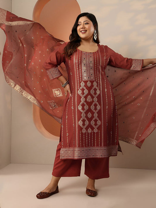 Dhiyona Women's Plus Size Ethnic Motifs Embroidered Kurta with Trousers & Dupatta