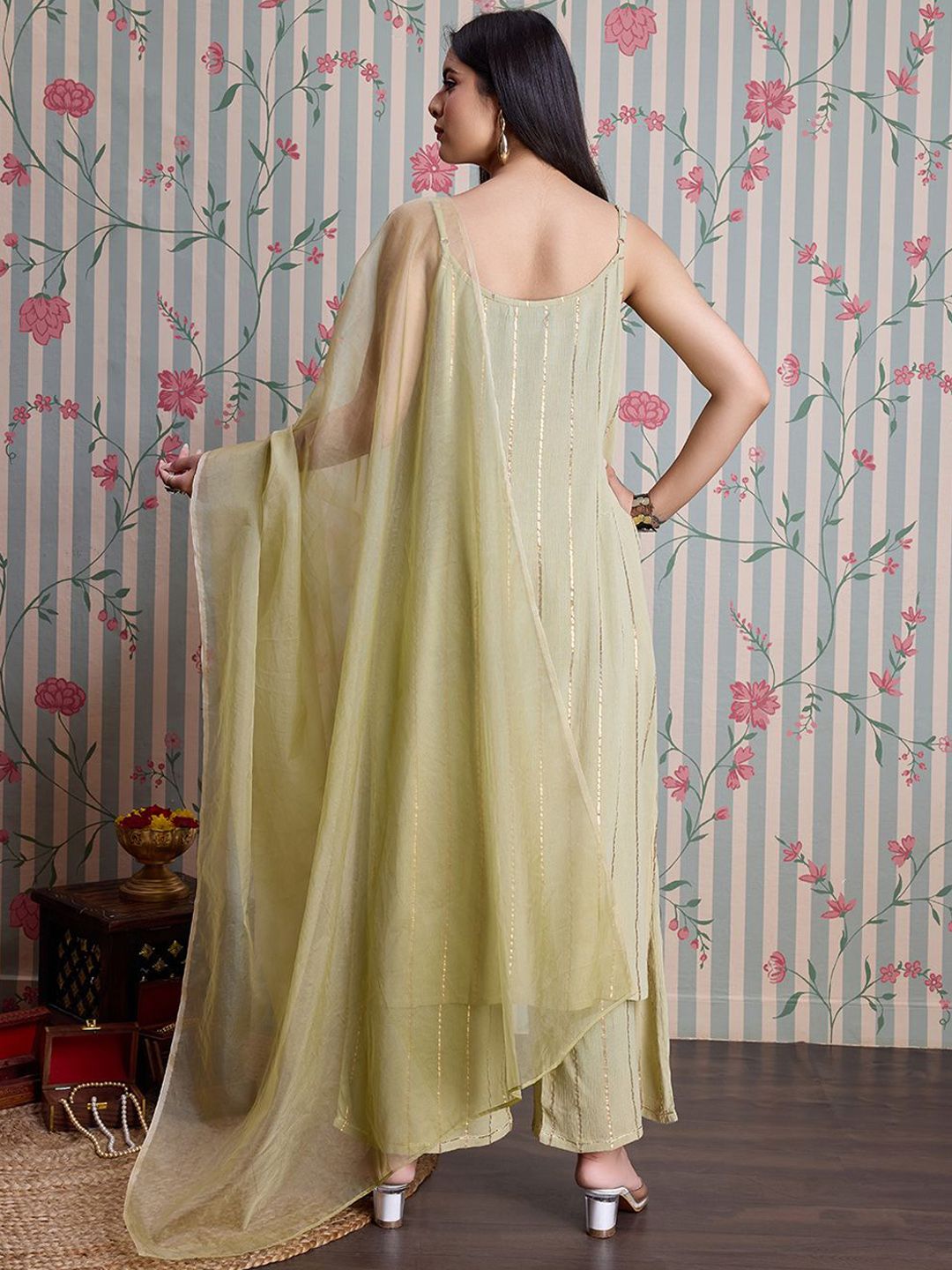 Dhiyona OD  Striped Straight Kurta with Palazzos & With Dupatta
