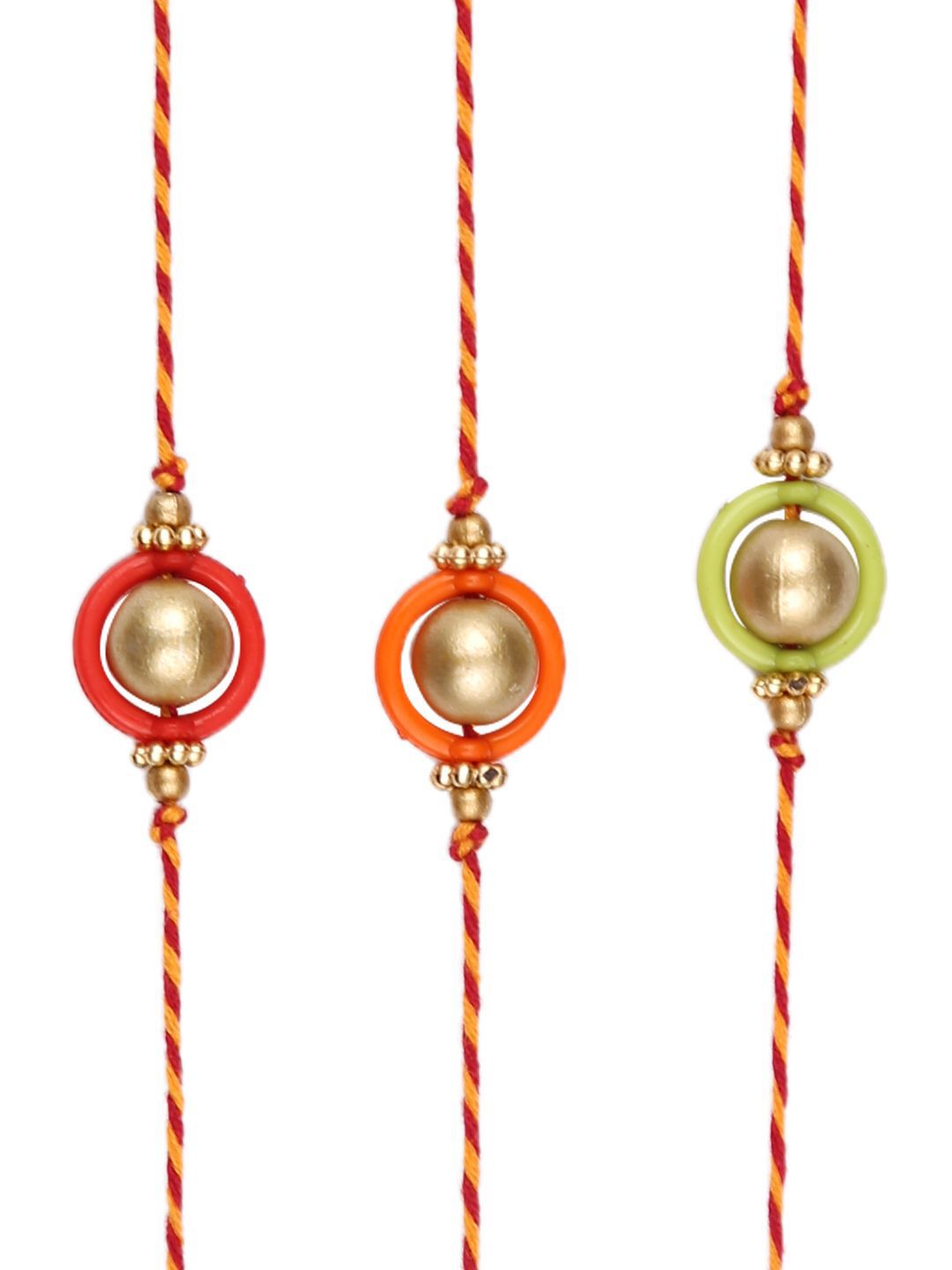 Dhiyona Gold Toned Set Of 3 Beaded Thread Rakhis With Roli Chawal & Greeting Card