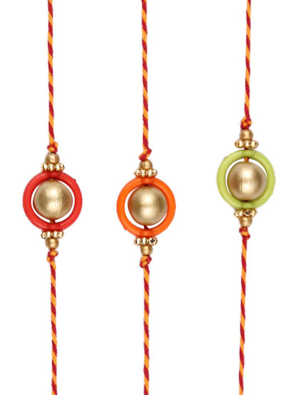 Dhiyona Gold Toned Set Of 3 Beaded Thread Rakhis With Roli Chawal & Greeting Card