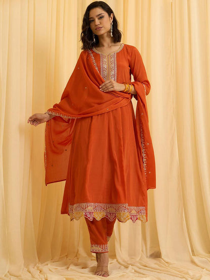 Dhiyona CH Ethnic Motifs Yoke Design Pleated Sequinned A-Line Kurta With Trousers & Dupatta