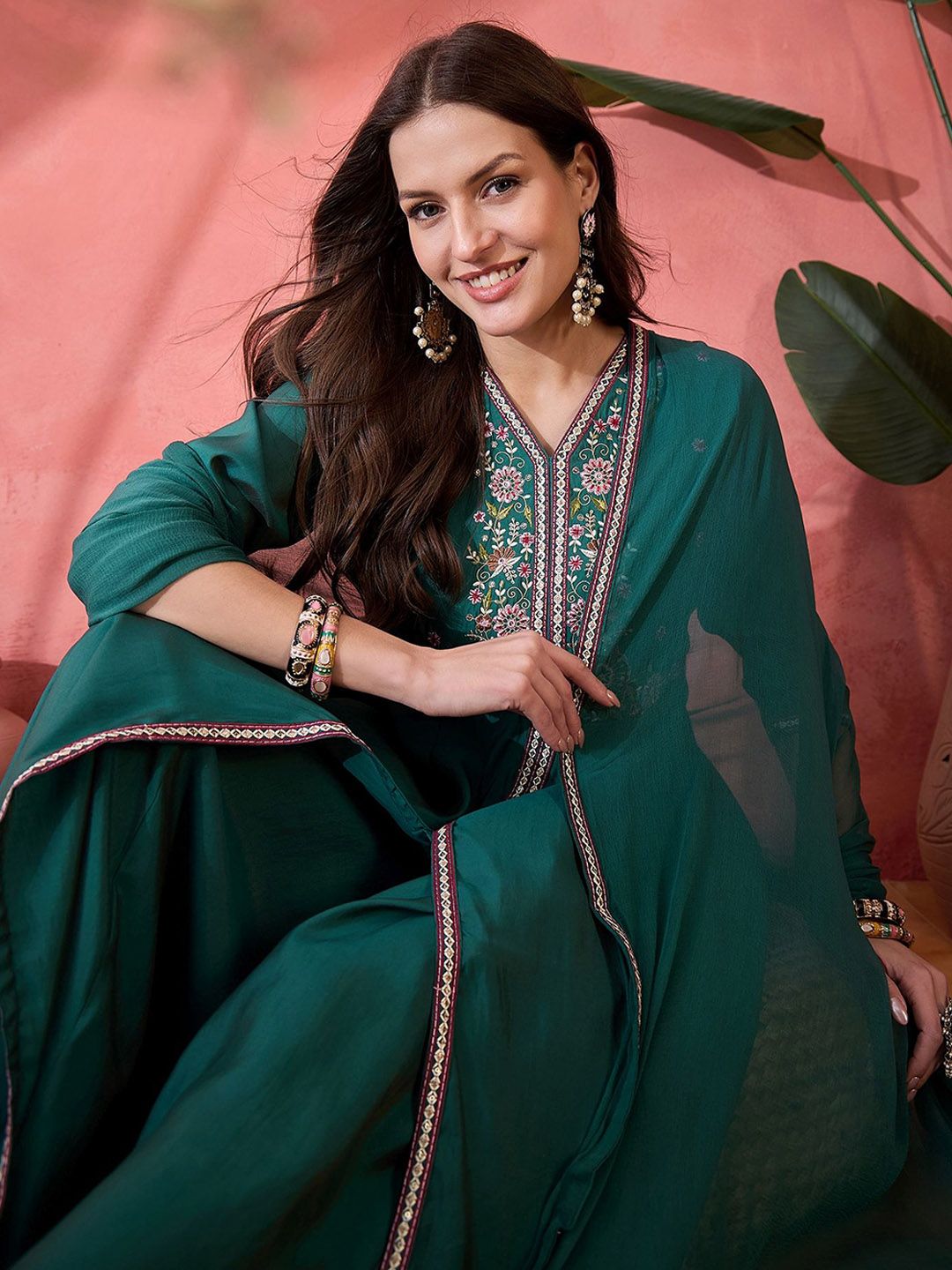Dhiyona SN Floral Embroidered Silk Anarkali Kurta & Palazzo With Dupatta