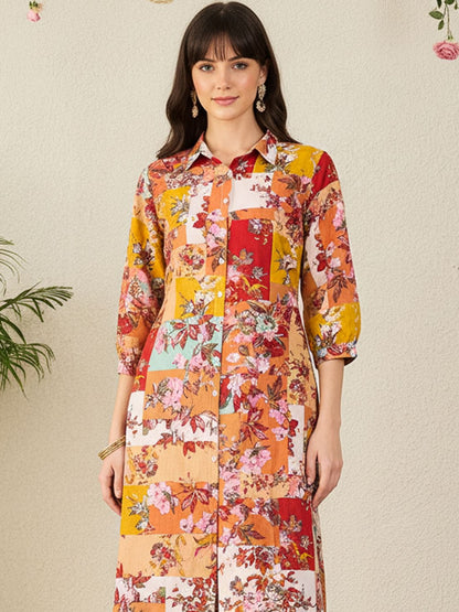 Floral Printed Pure Cotton Multi Kurta With Trousers