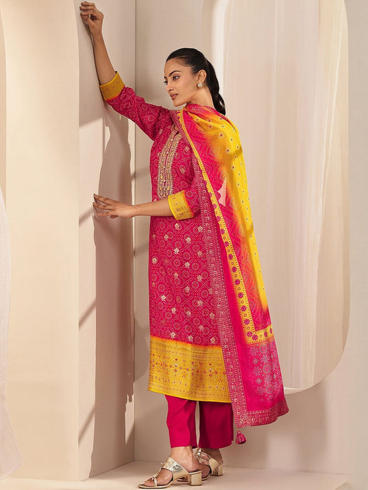 Bandhani Printed Regular Notch Neck Zari Kurta With Trousers & Dupatta