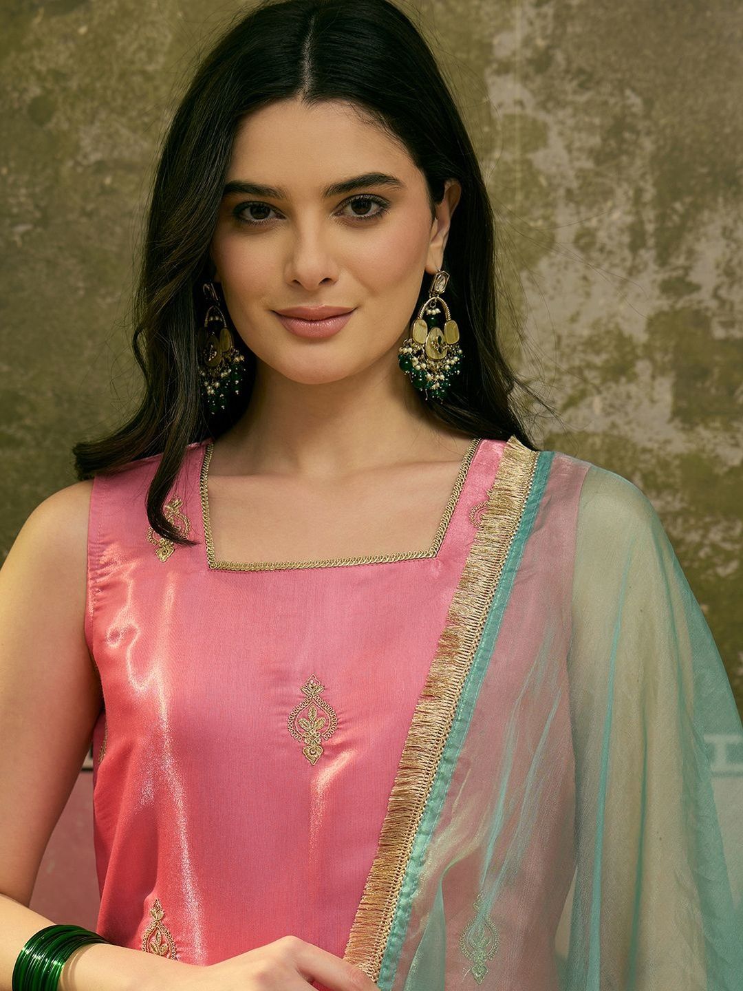 Dhiyona SN Sequinned Embroidered Square Neck Kurta & Palazzos With Dupatta