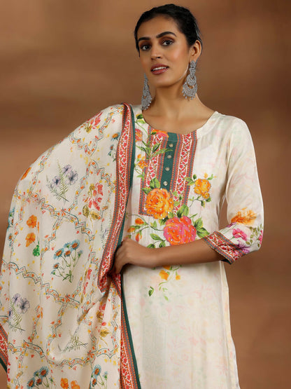 Women's LB Off White Printed Cotton Blend Straight Suit With Dupatta