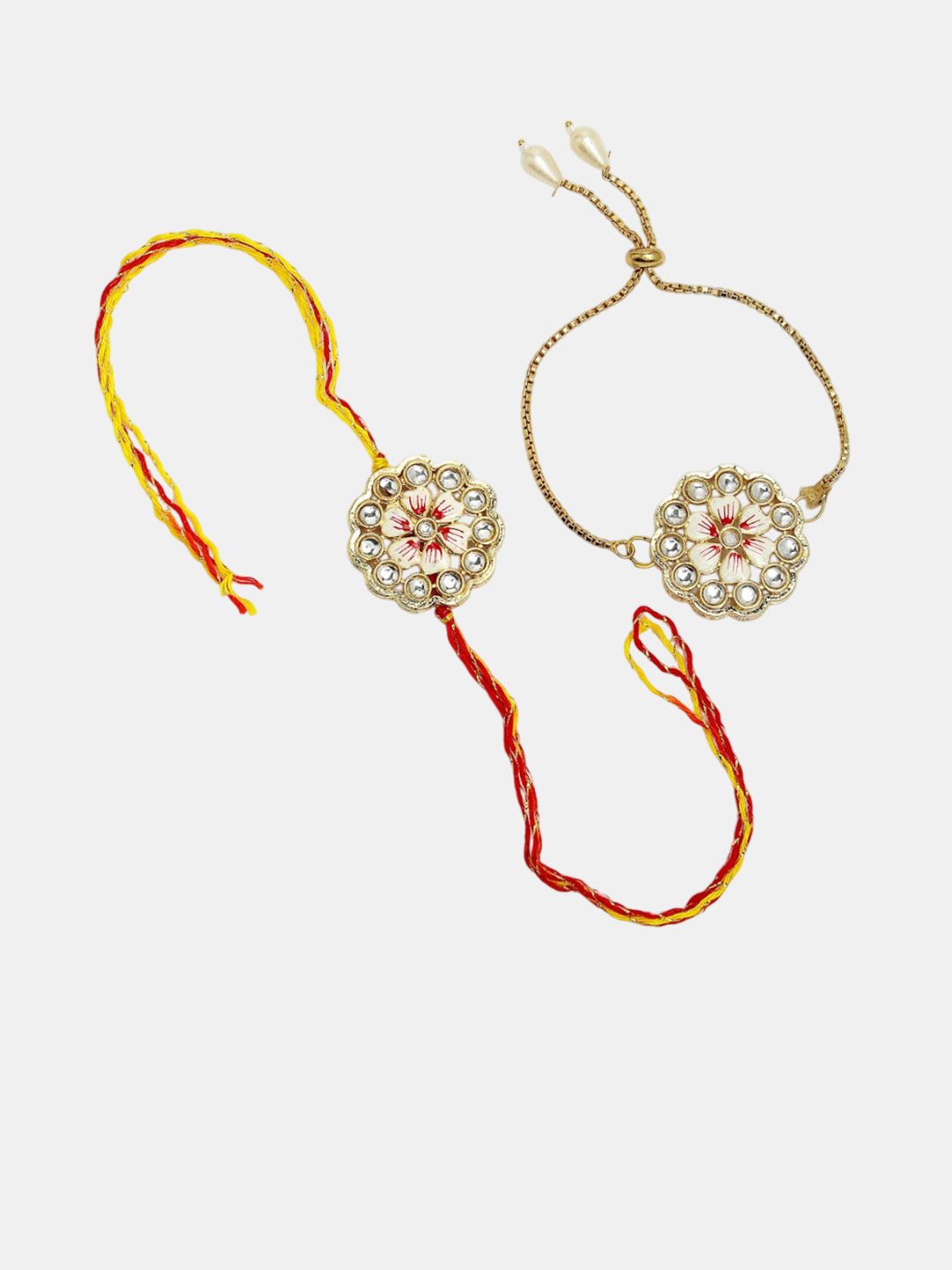 Dhiyona Unisex Set Of 2 Gold Kundan-Studded Bhaiya Bhabhi Rakhi Set With Roli Chawal