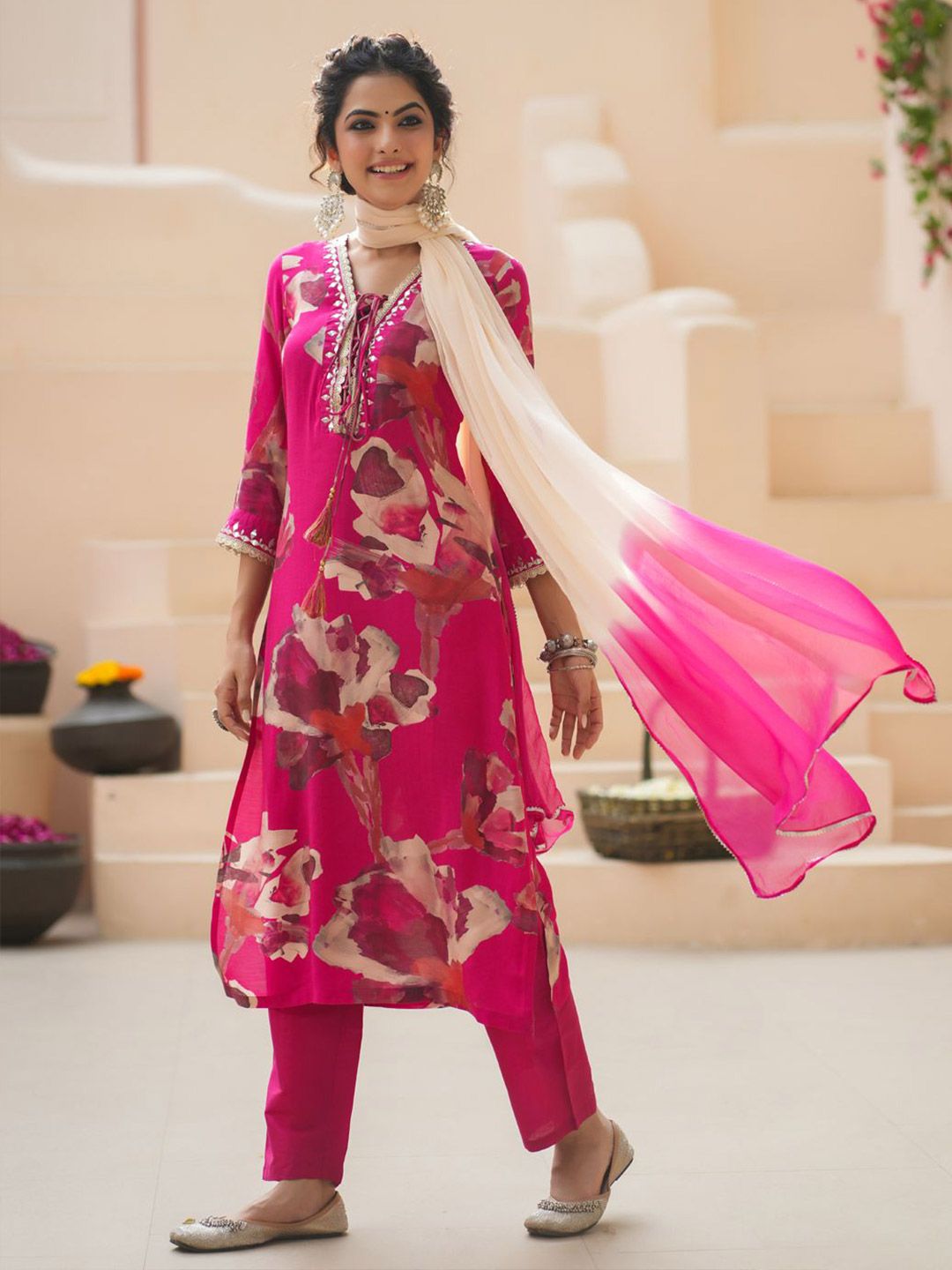 Dhiyona RR Women's Floral Printed Cotton Silk Mirror Work Kurta With Trousers & Dupatta