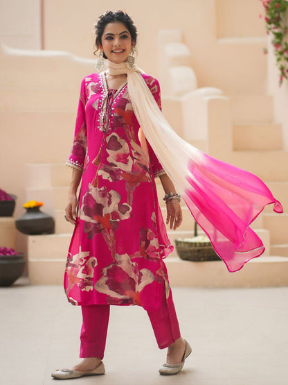 Dhiyona RR Women's Floral Printed Cotton Silk Mirror Work Kurta With Trousers & Dupatta