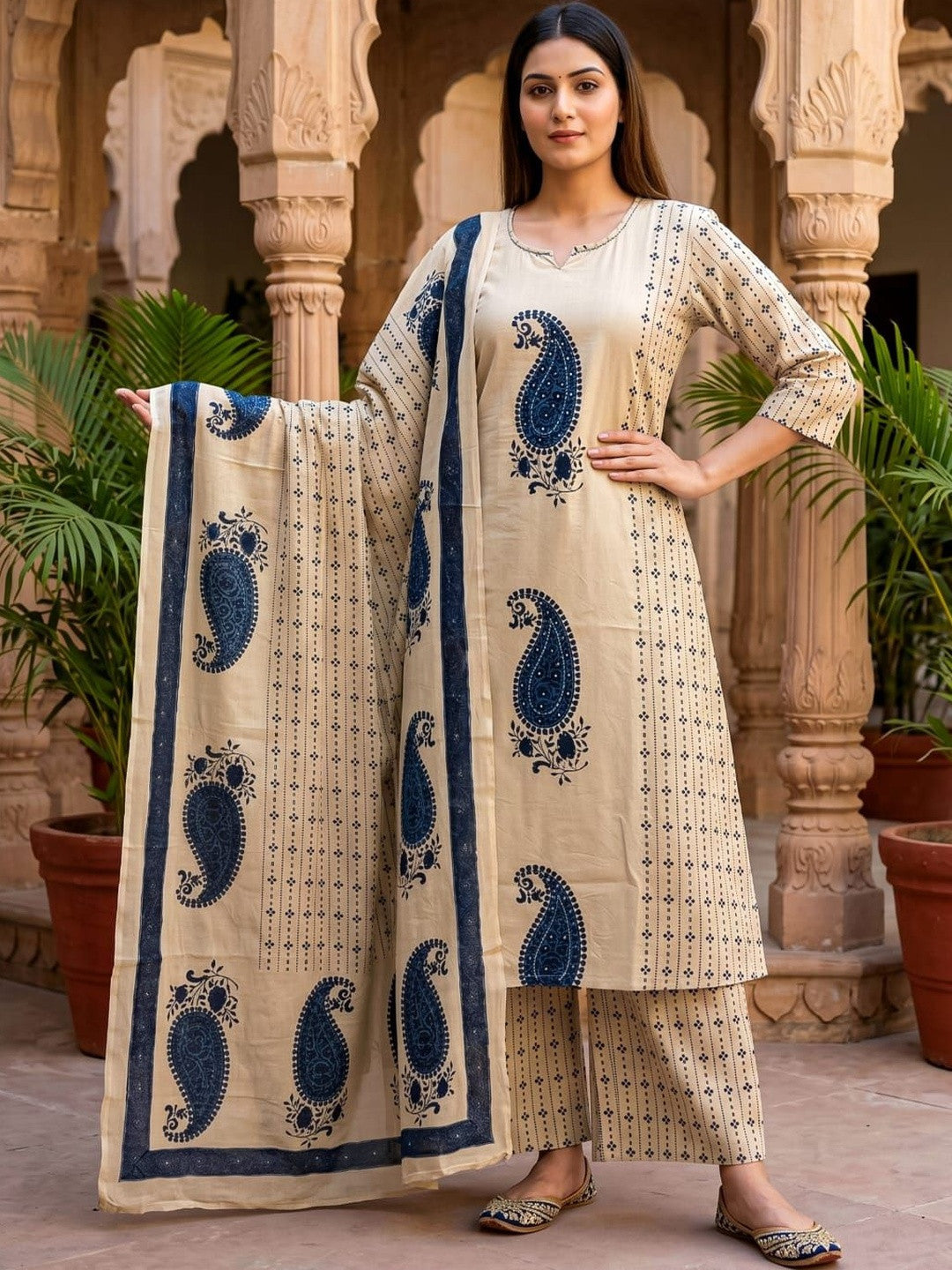 Printed Pure Cotton Round Neck Kurta & Palazzos With Dupatta