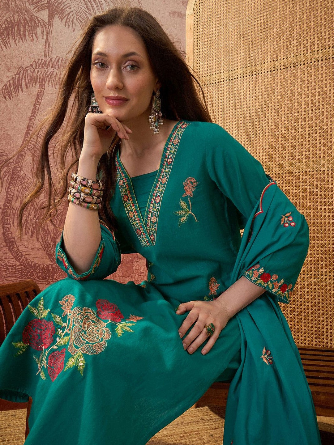 Embroidered Square Neck Kurta & Trousers With Dupatta