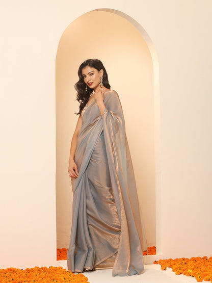 Dhiyona ST Copper Grey Metallic Satin Saree with Beads with Blouse Fabric