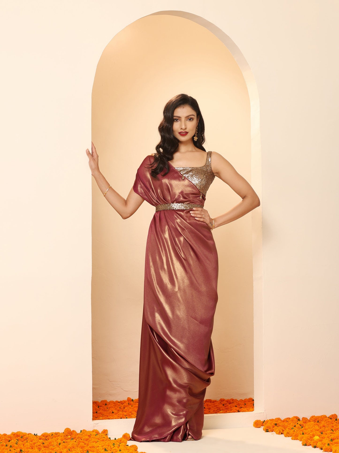 Dhiyona ST Wine Gold Chiffon Saree