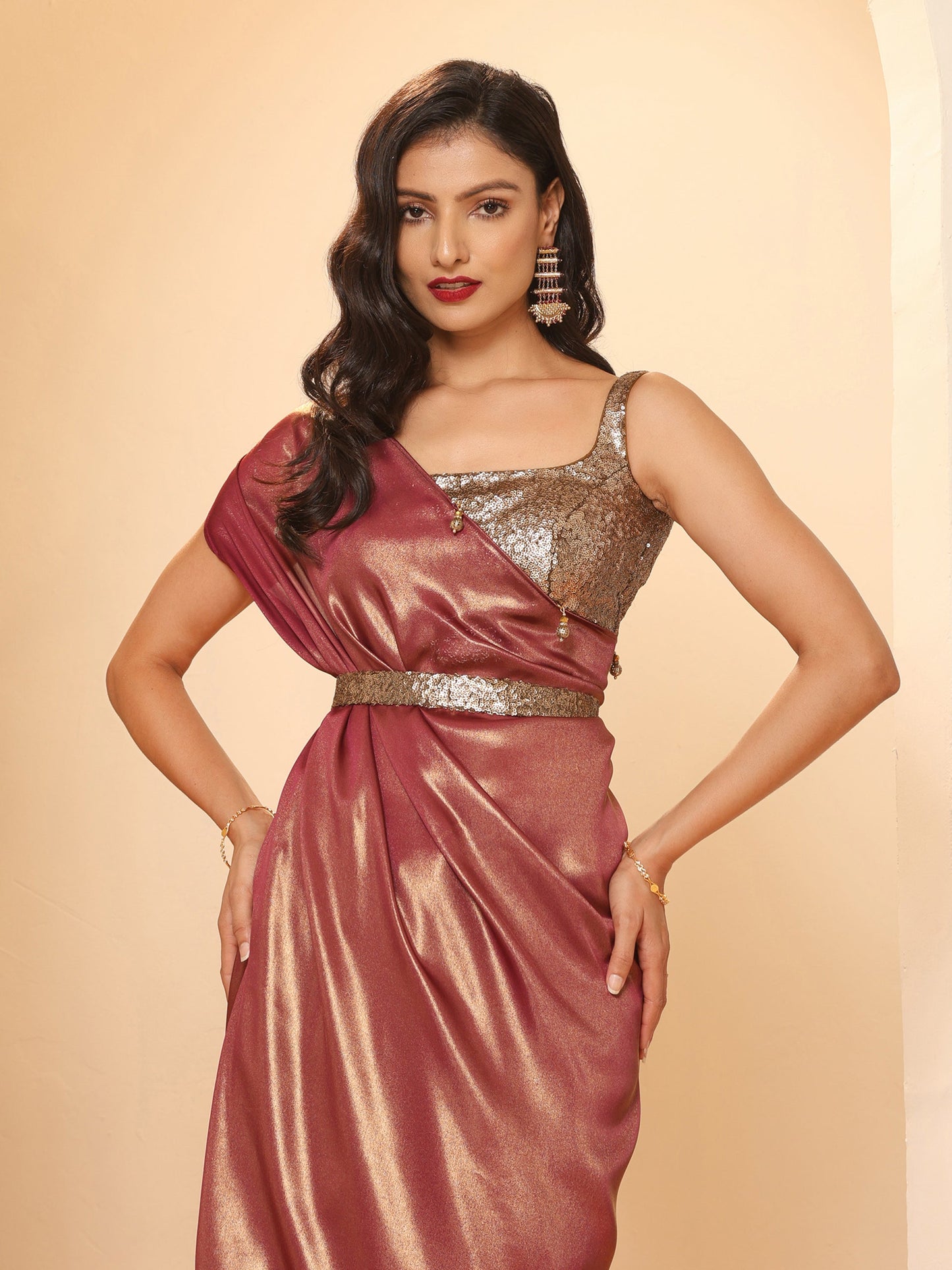 Dhiyona ST Wine Gold Chiffon Saree
