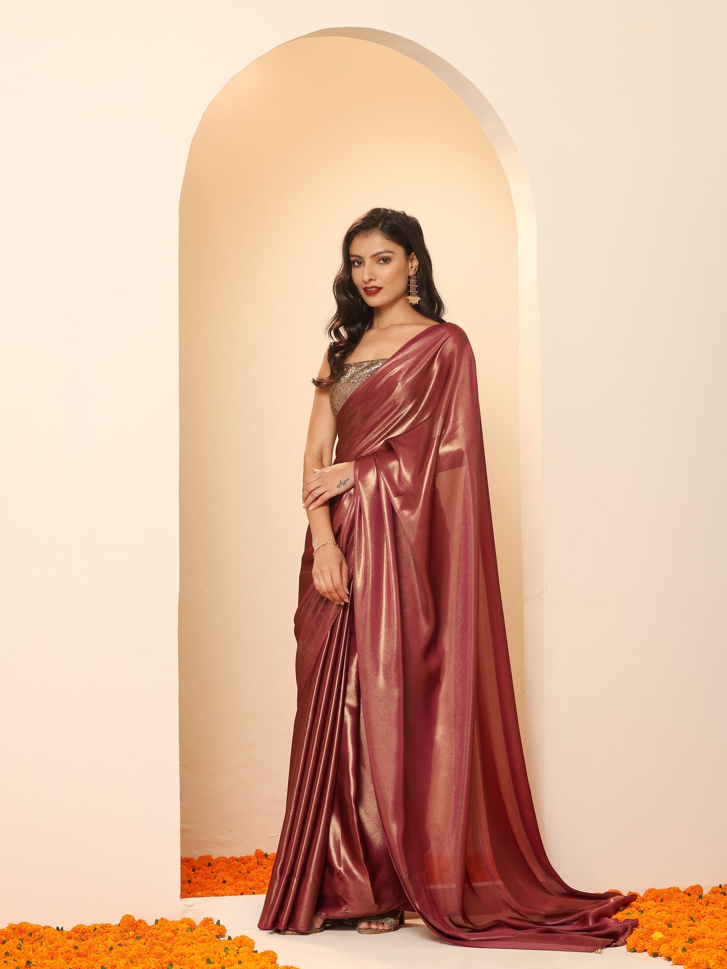 Dhiyona ST Wine Gold Chiffon Saree