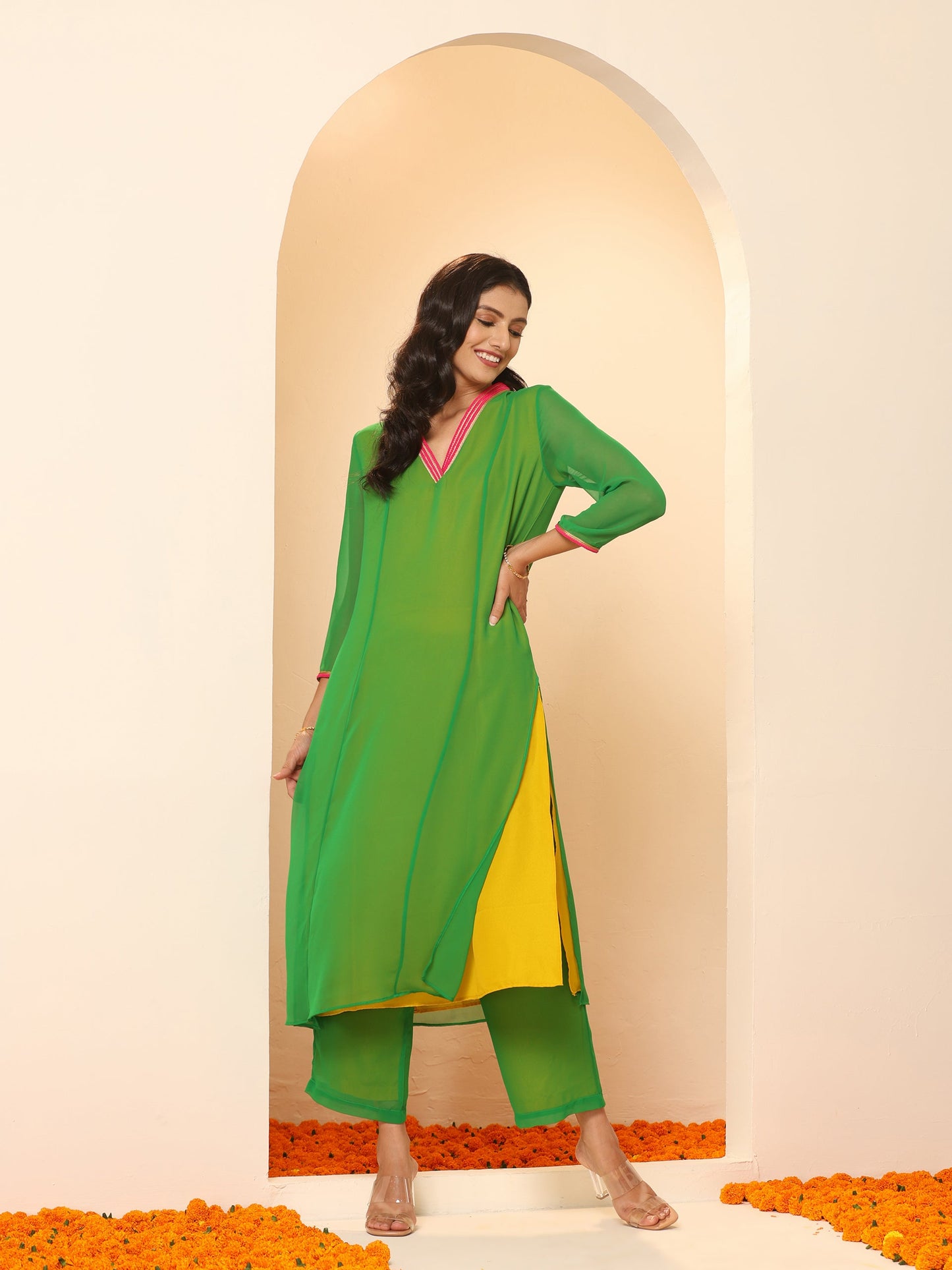 Dhiyona ST Women's Green & Mustard Surprise Georgette Kurta with Pink Lace and Pants 2 Piece Set | A-Line, V Neck, 3/4 Sleeves, Pants,Work wear, Festive Wear, (Georgette)
