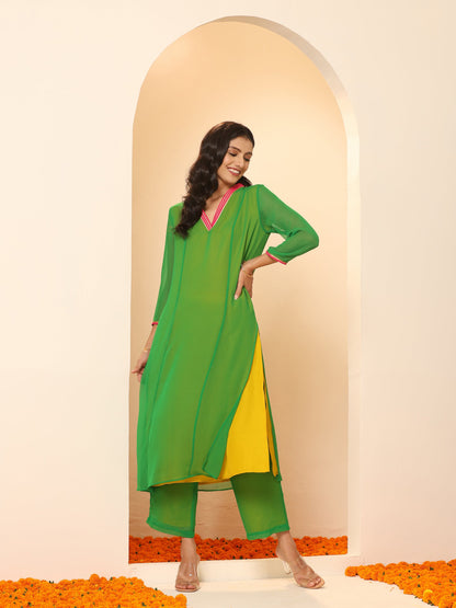 Dhiyona ST Women's Green & Mustard Surprise Georgette Kurta with Pink Lace and Pants 2 Piece Set | A-Line, V Neck, 3/4 Sleeves, Pants,Work wear, Festive Wear, (Georgette)