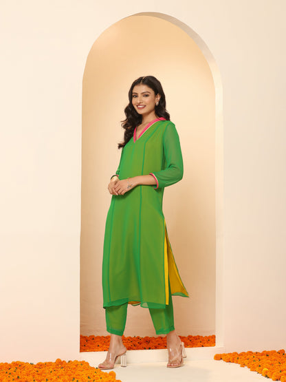 Dhiyona ST Women's Green & Mustard Surprise Georgette Kurta with Pink Lace and Pants 2 Piece Set | A-Line, V Neck, 3/4 Sleeves, Pants,Work wear, Festive Wear, (Georgette)
