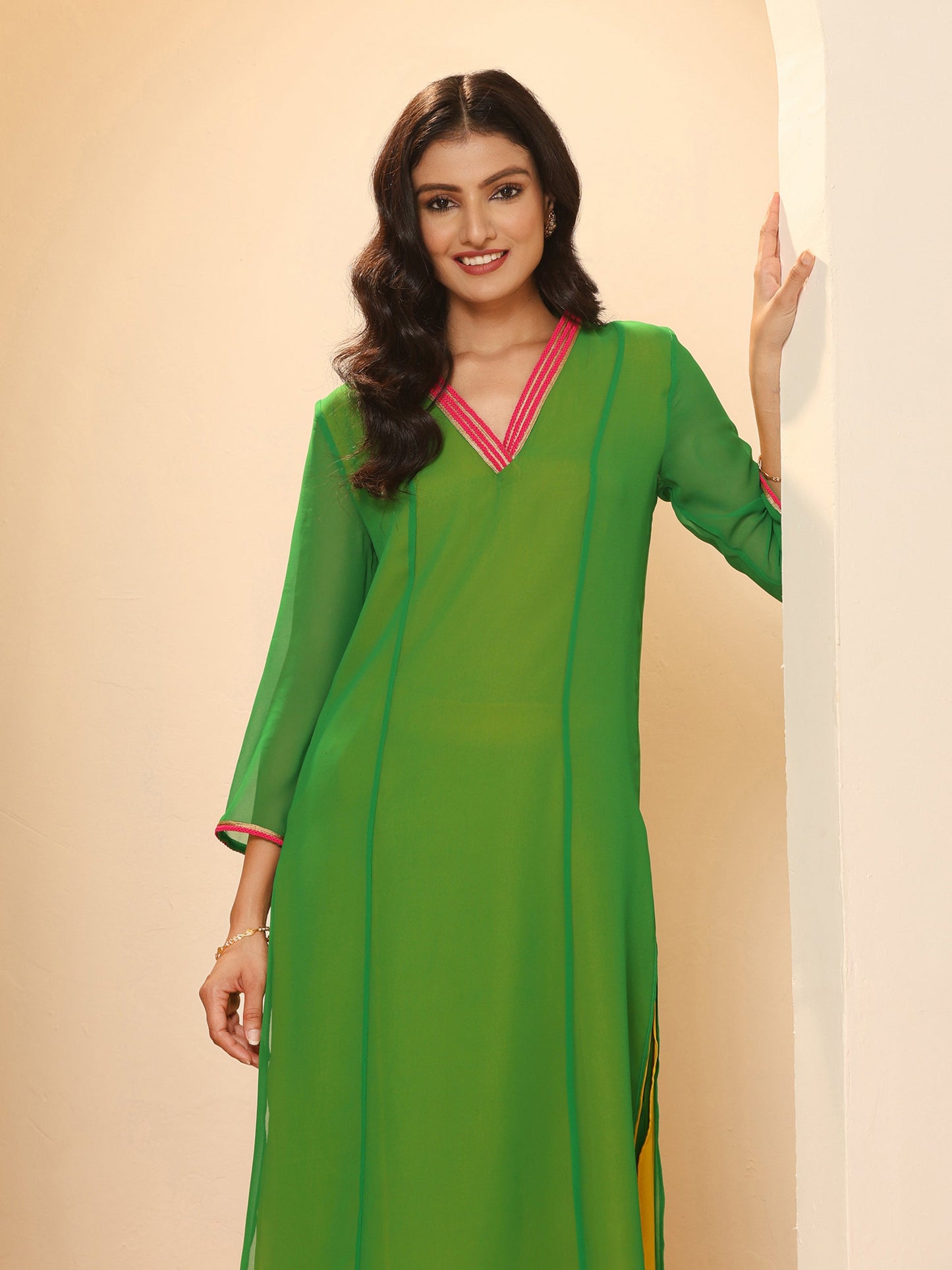 Dhiyona ST Women's Green & Mustard Surprise Georgette Kurta with Pink Lace and Pants 2 Piece Set | A-Line, V Neck, 3/4 Sleeves, Pants,Work wear, Festive Wear, (Georgette)