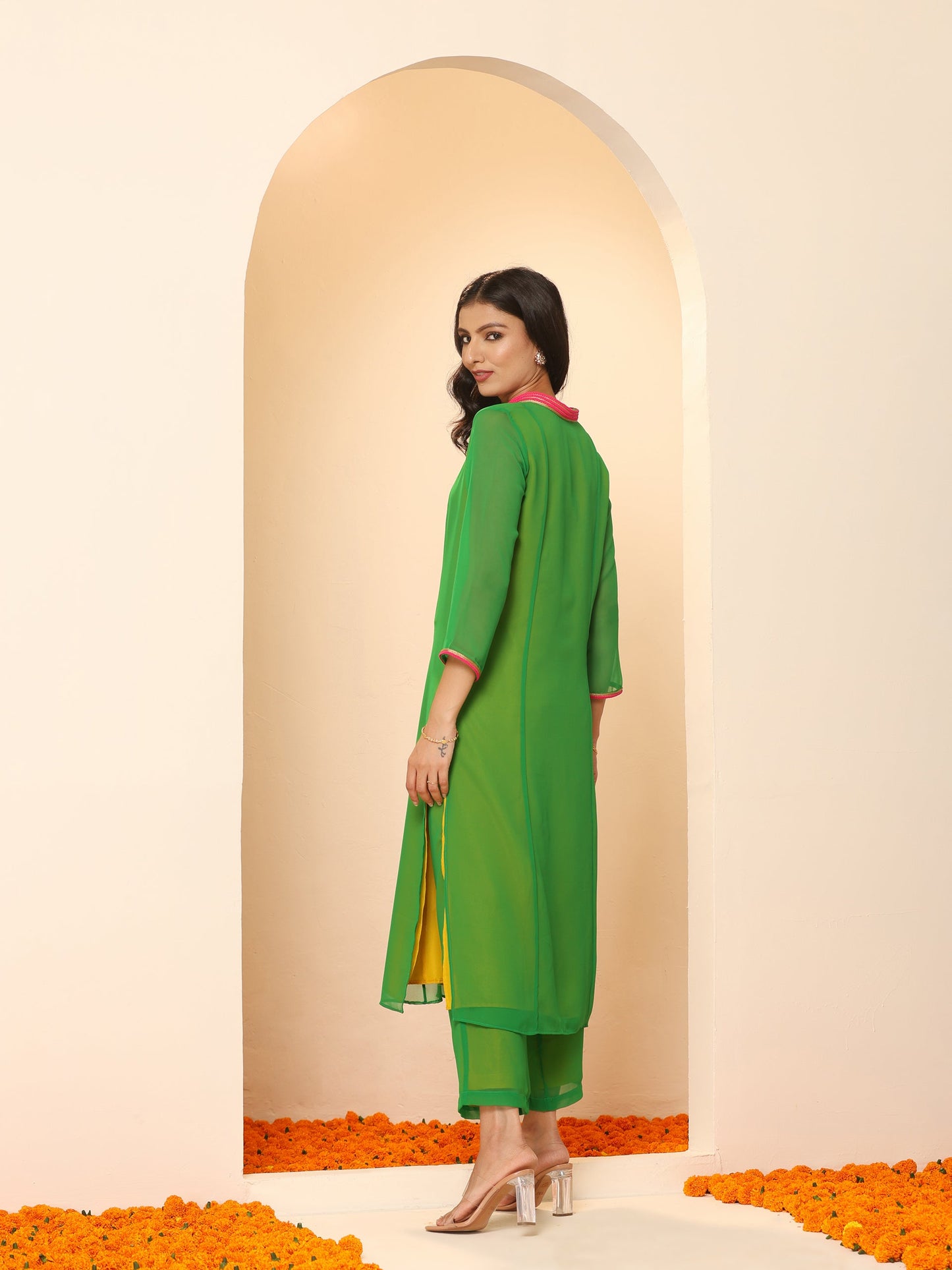 Dhiyona ST Women's Green & Mustard Surprise Georgette Kurta with Pink Lace and Pants 2 Piece Set | A-Line, V Neck, 3/4 Sleeves, Pants,Work wear, Festive Wear, (Georgette)