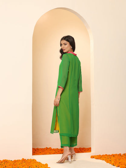 Dhiyona ST Women's Green & Mustard Surprise Georgette Kurta with Pink Lace and Pants 2 Piece Set | A-Line, V Neck, 3/4 Sleeves, Pants,Work wear, Festive Wear, (Georgette)