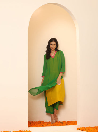 Dhiyona ST Women's Green & Mustard Surprise Georgette Kurta with Pink Lace and Pants 2 Piece Set | A-Line, V Neck, 3/4 Sleeves, Pants,Work wear, Festive Wear, (Georgette)