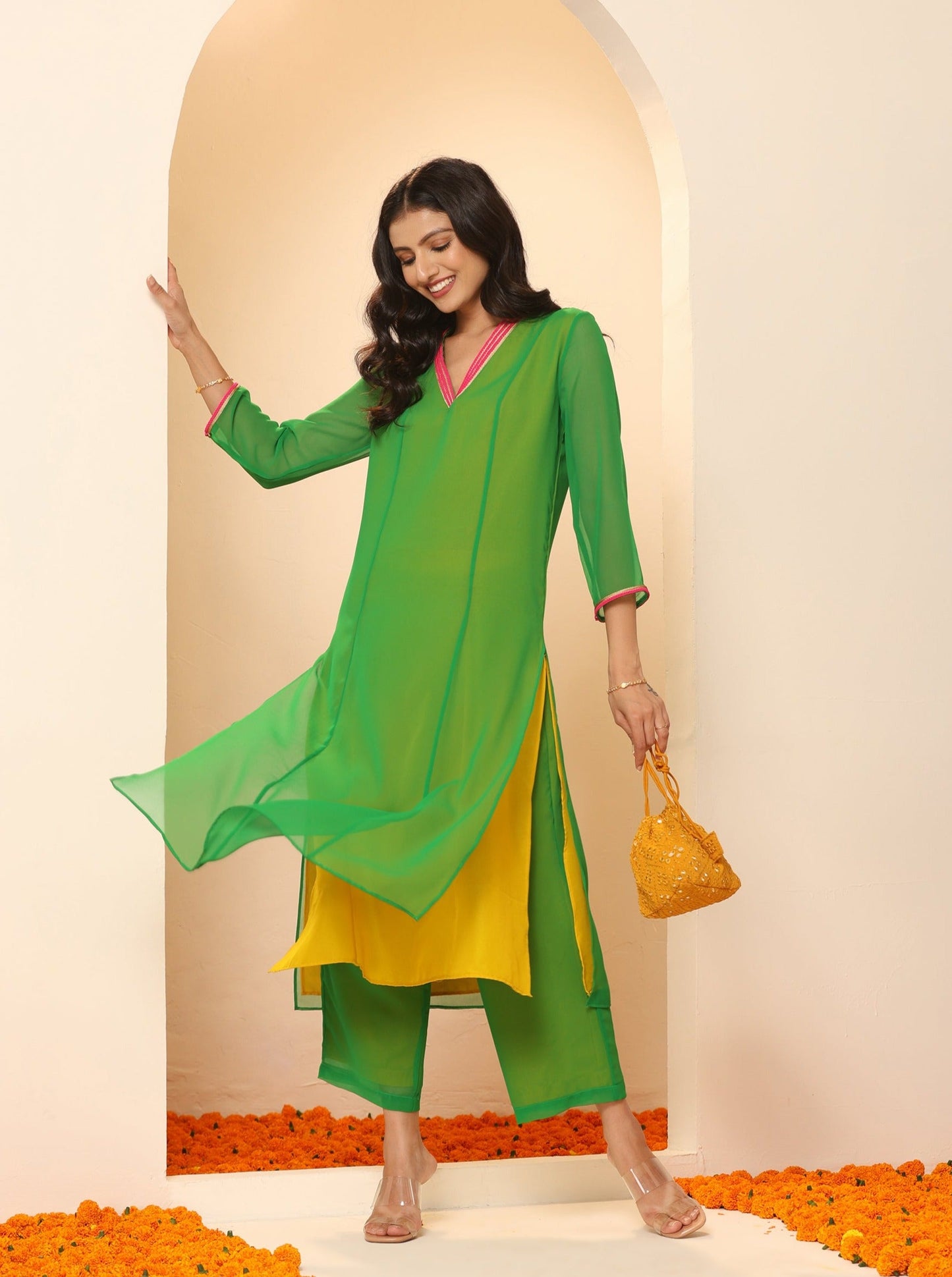 Dhiyona ST Women's Green & Mustard Surprise Georgette Kurta with Pink Lace and Pants 2 Piece Set | A-Line, V Neck, 3/4 Sleeves, Pants,Work wear, Festive Wear, (Georgette)
