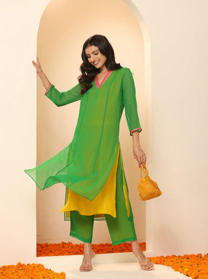 Dhiyona ST Women's Green & Mustard Surprise Georgette Kurta with Pink Lace and Pants 2 Piece Set | A-Line, V Neck, 3/4 Sleeves, Pants,Work wear, Festive Wear, (Georgette)