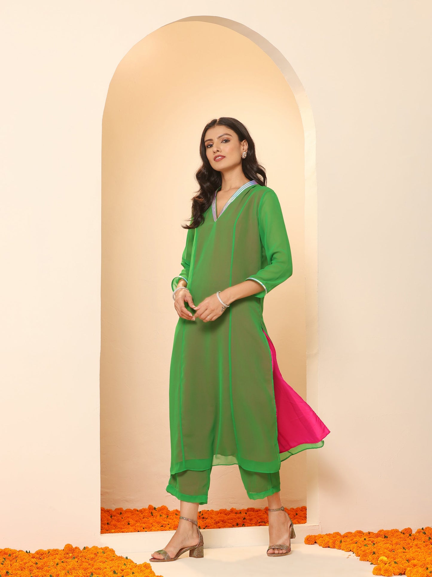 Dhiyona ST Women's Green & Pink Surprise Georgette Kurta with Pants 2 Piece Set | A-Line, V Neck, 3/4 Sleeves, Pants, Work wear, Partywear, (Georgette)