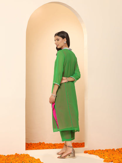 Dhiyona ST Women's Green & Pink Surprise Georgette Kurta with Pants 2 Piece Set | A-Line, V Neck, 3/4 Sleeves, Pants, Work wear, Partywear, (Georgette)