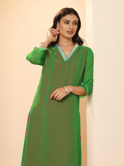 Dhiyona ST Women's Green & Pink Surprise Georgette Kurta with Pants 2 Piece Set | A-Line, V Neck, 3/4 Sleeves, Pants, Work wear, Partywear, (Georgette)