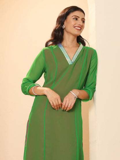 Dhiyona ST Women's Green & Pink Surprise Georgette Kurta with Pants 2 Piece Set | A-Line, V Neck, 3/4 Sleeves, Pants, Work wear, Partywear, (Georgette)