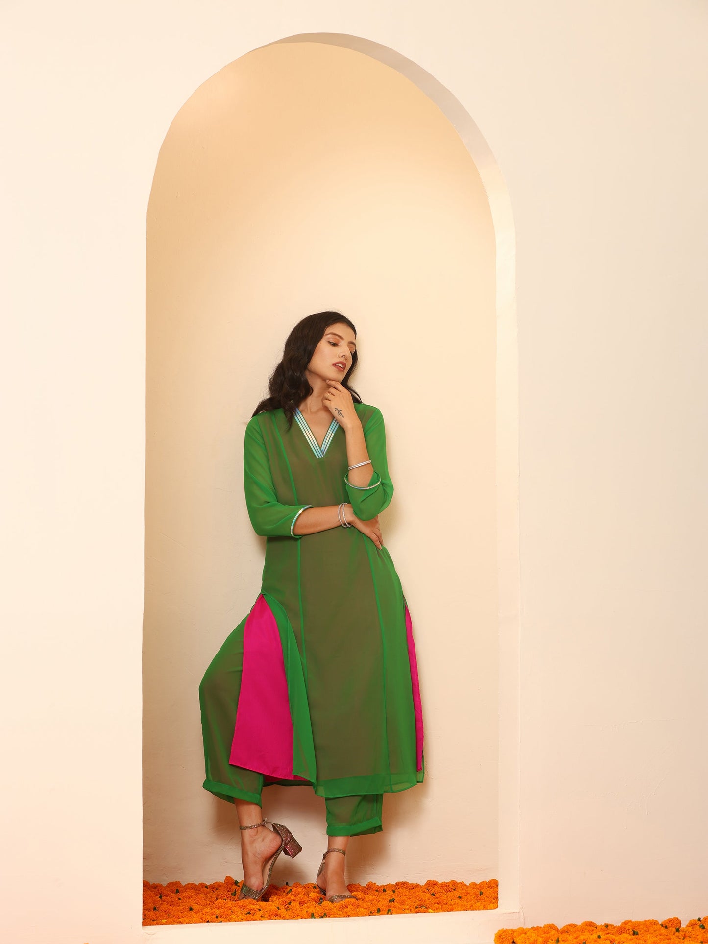 Dhiyona ST Women's Green & Pink Surprise Georgette Kurta with Pants 2 Piece Set | A-Line, V Neck, 3/4 Sleeves, Pants, Work wear, Partywear, (Georgette)