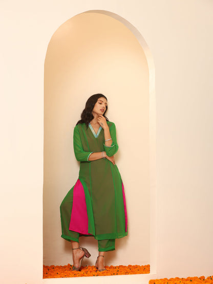Dhiyona ST Women's Green & Pink Surprise Georgette Kurta with Pants 2 Piece Set | A-Line, V Neck, 3/4 Sleeves, Pants, Work wear, Partywear, (Georgette)
