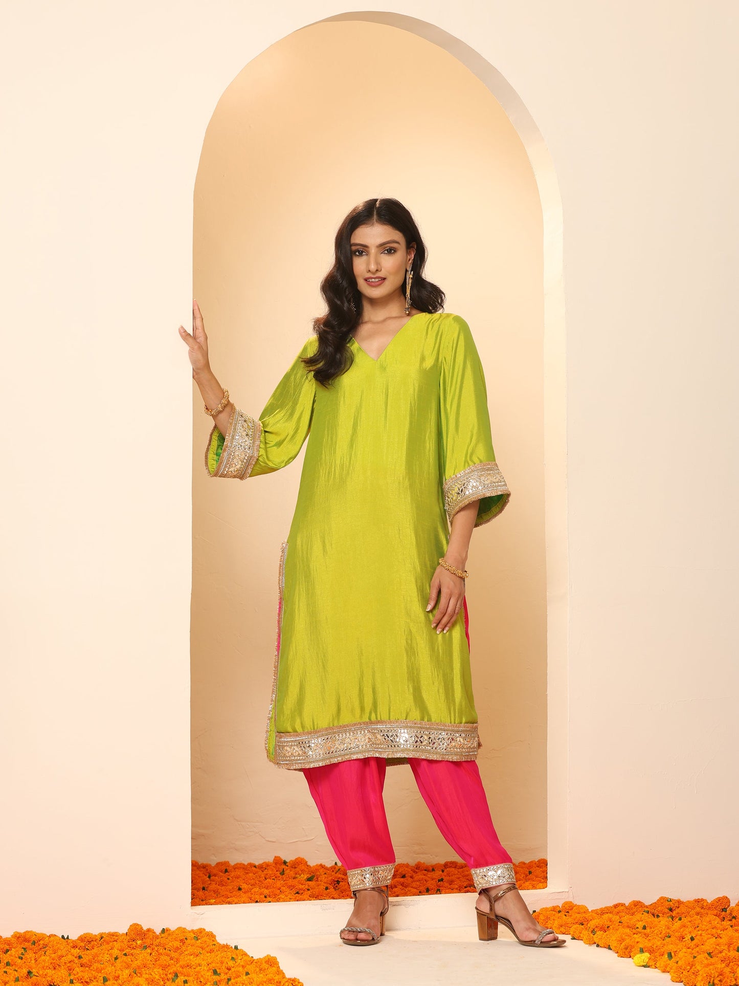 Dhiyona ST Women's Chartreuse Lemon Kurta with Fuchsia Pyjama and Laces 2 Piece Set | A-Line, V Neck, Full Sleeves, Pyjama, Festive Wear, (Satin)
