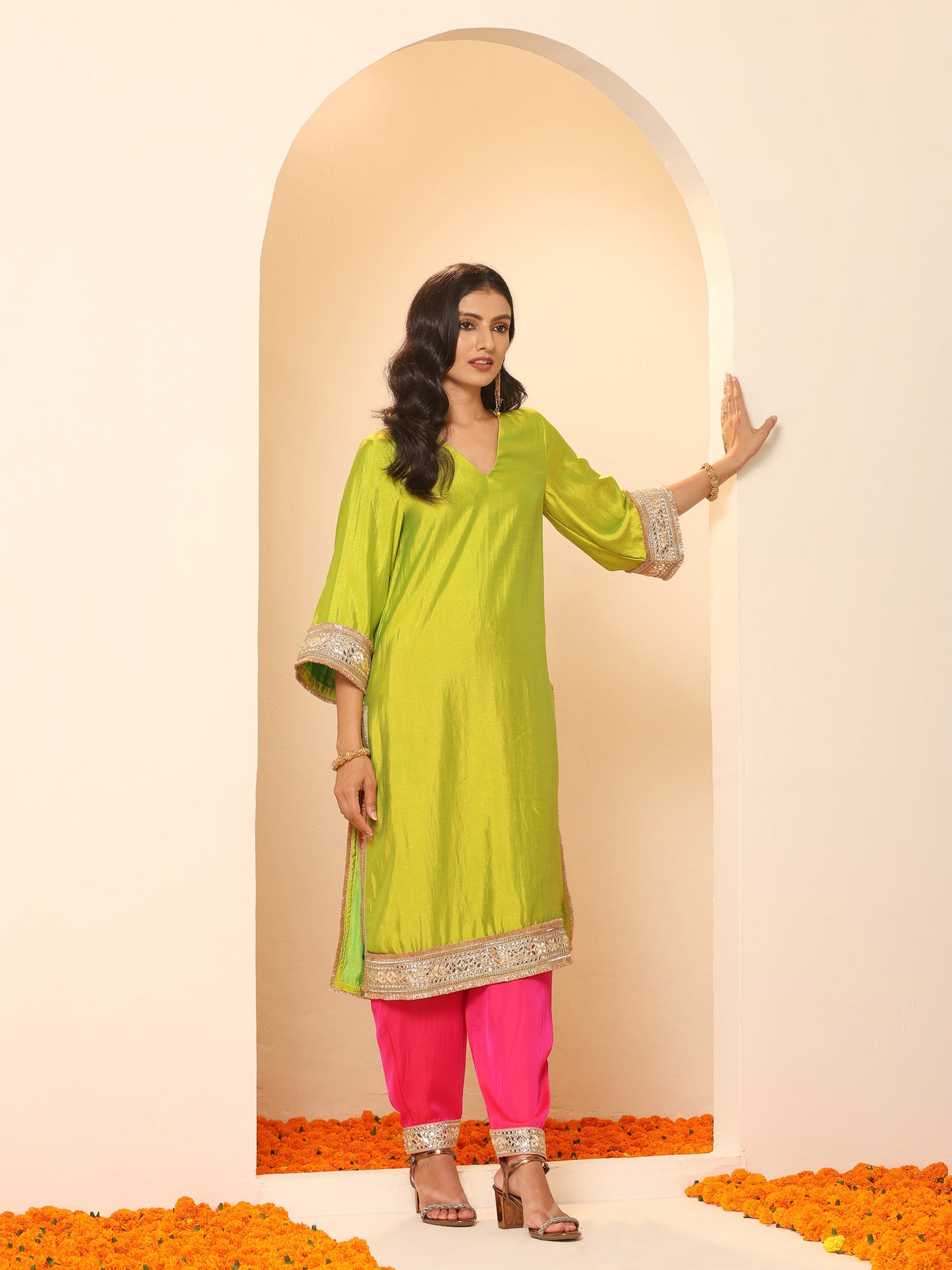 Dhiyona ST Women's Chartreuse Lemon Kurta with Fuchsia Pyjama and Laces 2 Piece Set | A-Line, V Neck, Full Sleeves, Pyjama, Festive Wear, (Satin)