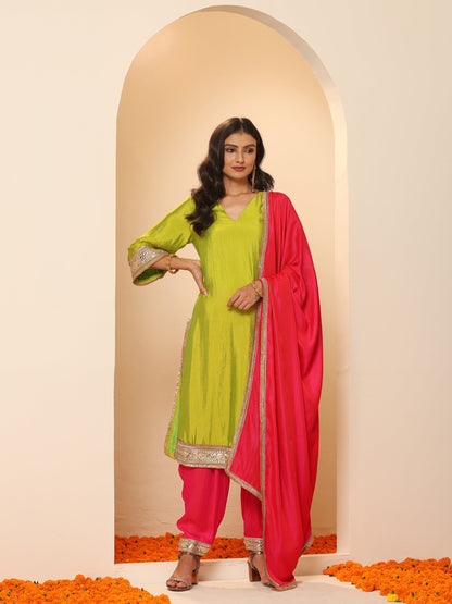 Dhiyona ST 1 Pc - Fuschia Satin Dupatta  with Lace