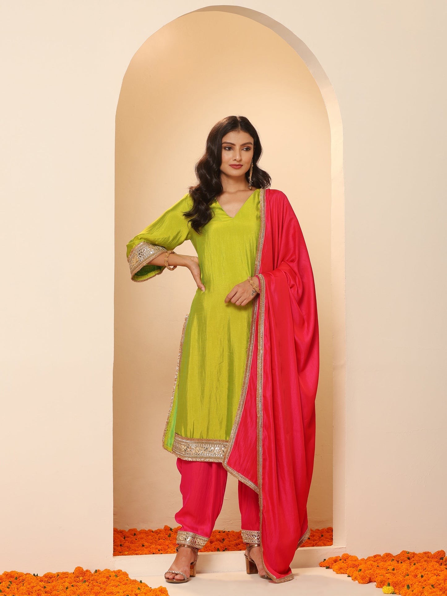 Dhiyona ST 1 Pc - Fuschia Satin Dupatta  with Lace