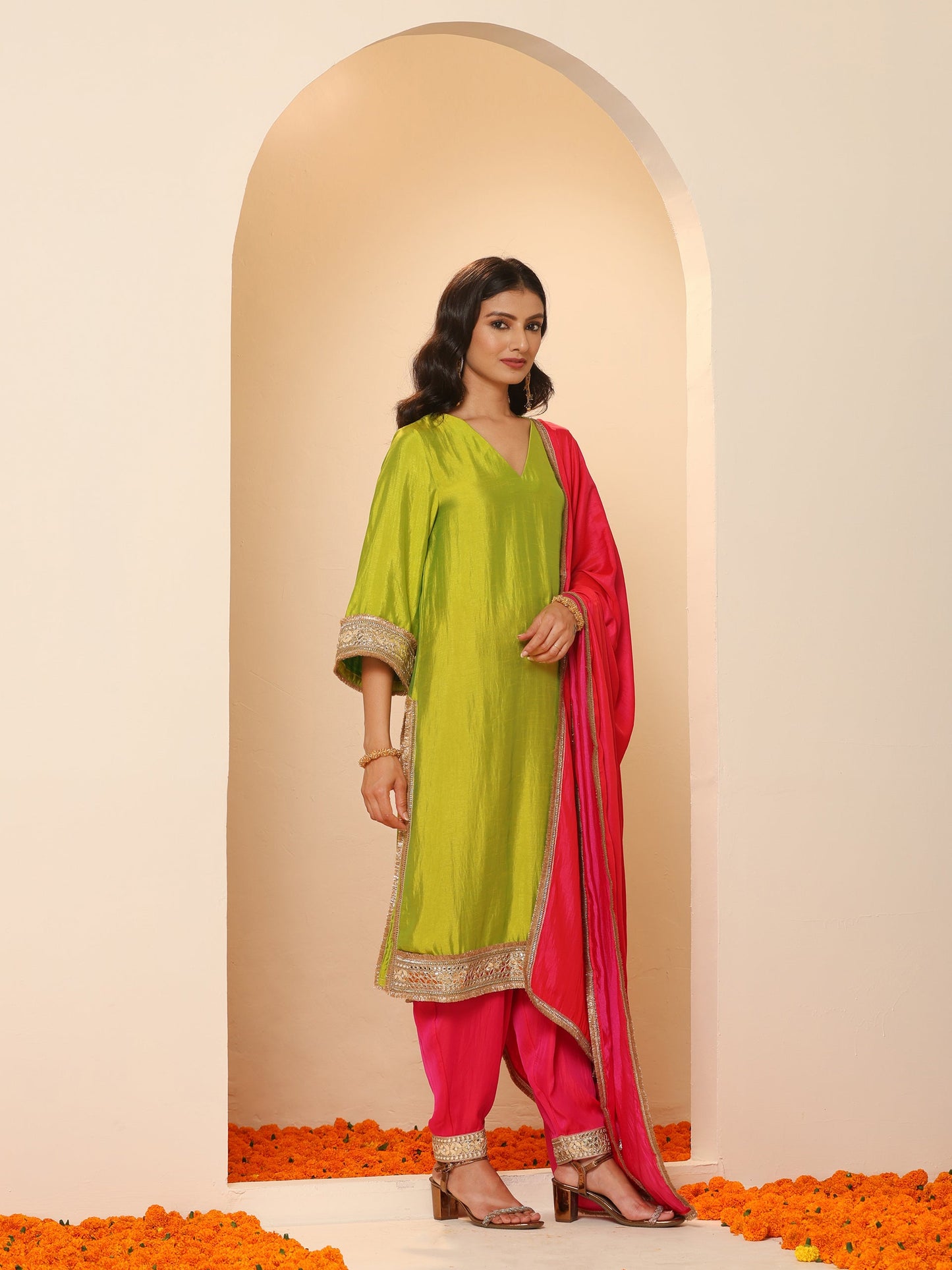Dhiyona ST Women's Chartreuse Lemon Kurta with Fuchsia Pyjama and Laces 2 Piece Set | A-Line, V Neck, Full Sleeves, Pyjama, Festive Wear, (Satin)